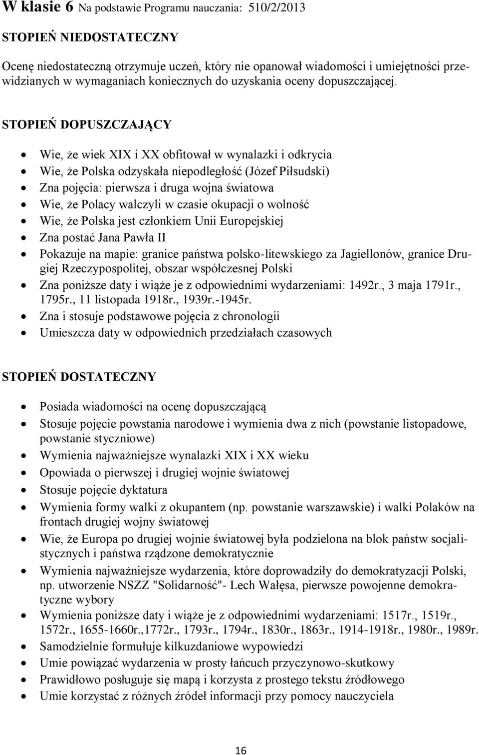 STOPIEŃ DOPUSZCZAJĄCY Wie, że wiek XIX i XX obfitował w wynalazki i odkrycia Wie, że Polska odzyskała niepodległość (Józef Piłsudski) Zna pojęcia: pierwsza i druga wojna światowa Wie, że Polacy