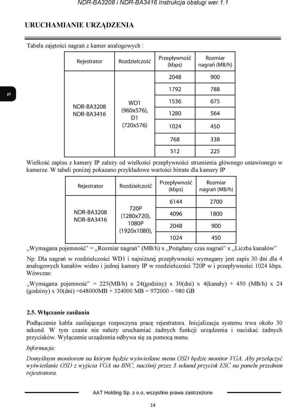 najniższej przepływności wymagany jest zapis 30 dni dla 4 analogowych kanałów wideo i jednej kamery IP w rozdzielczości 720P w i przepływności 1024 kbps.