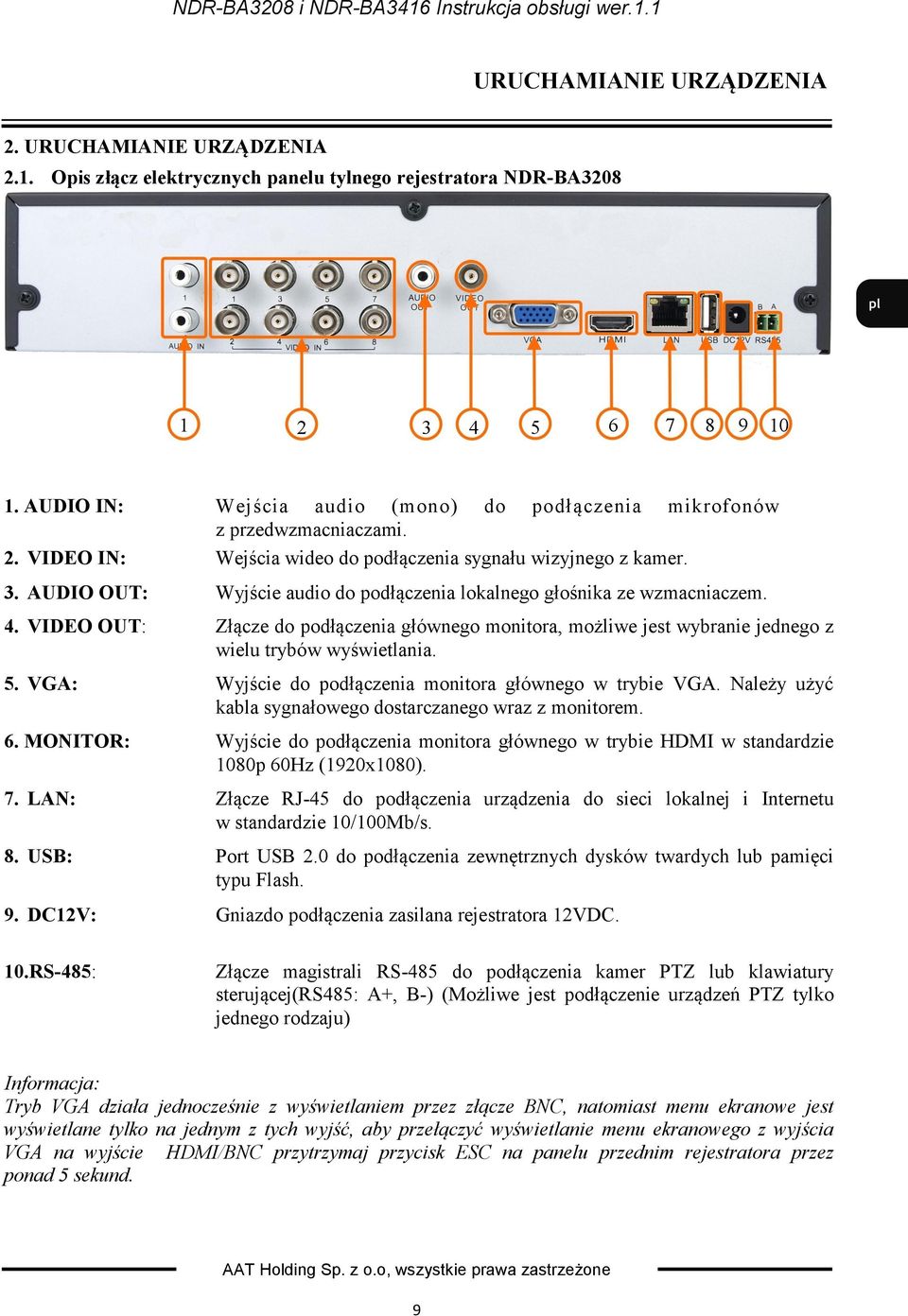 AUDIO OUT: Wyjście audio do podłączenia lokalnego głośnika ze wzmacniaczem. 4. VIDEO OUT: Złącze do podłączenia głównego monitora, możliwe jest wybranie jednego z wielu trybów wyświetlania. 5.