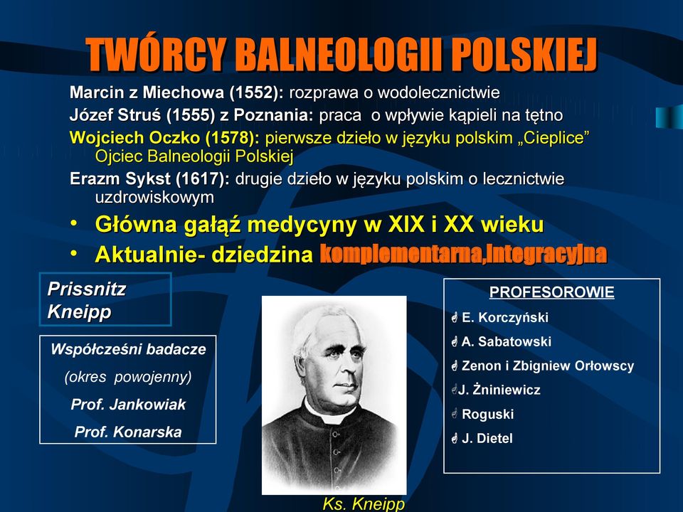 lecznictwie uzdrowiskowym Główna gałąź medycyny w XIX i XX wieku Aktualnie- dziedzina komplementarna,integracyjna Prissnitz Kneipp PROFESOROWIE E.