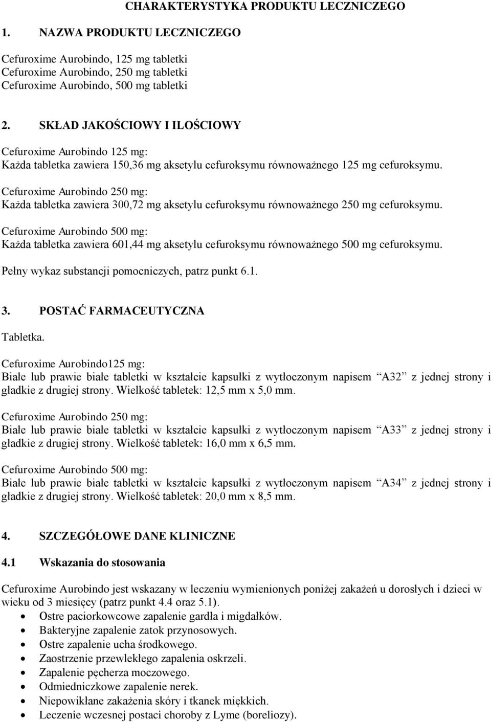 Cefuroxime Aurobindo 250 mg: Każda tabletka zawiera 300,72 mg aksetylu cefuroksymu równoważnego 250 mg cefuroksymu.