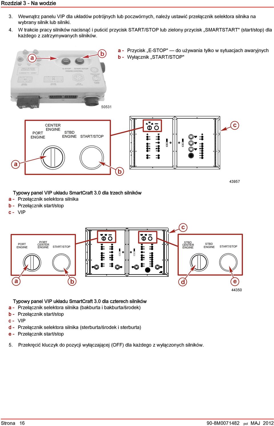 - Przycisk E-STOP" do używni tylko w sytucjch wryjnych - Wyłącznik START/STOP" 50531 PORT ENGINE CENTER ENGINE STBD ENGINE START/STOP c 43957 Typowy pnel VIP ukłdu SmrtCrft 3.