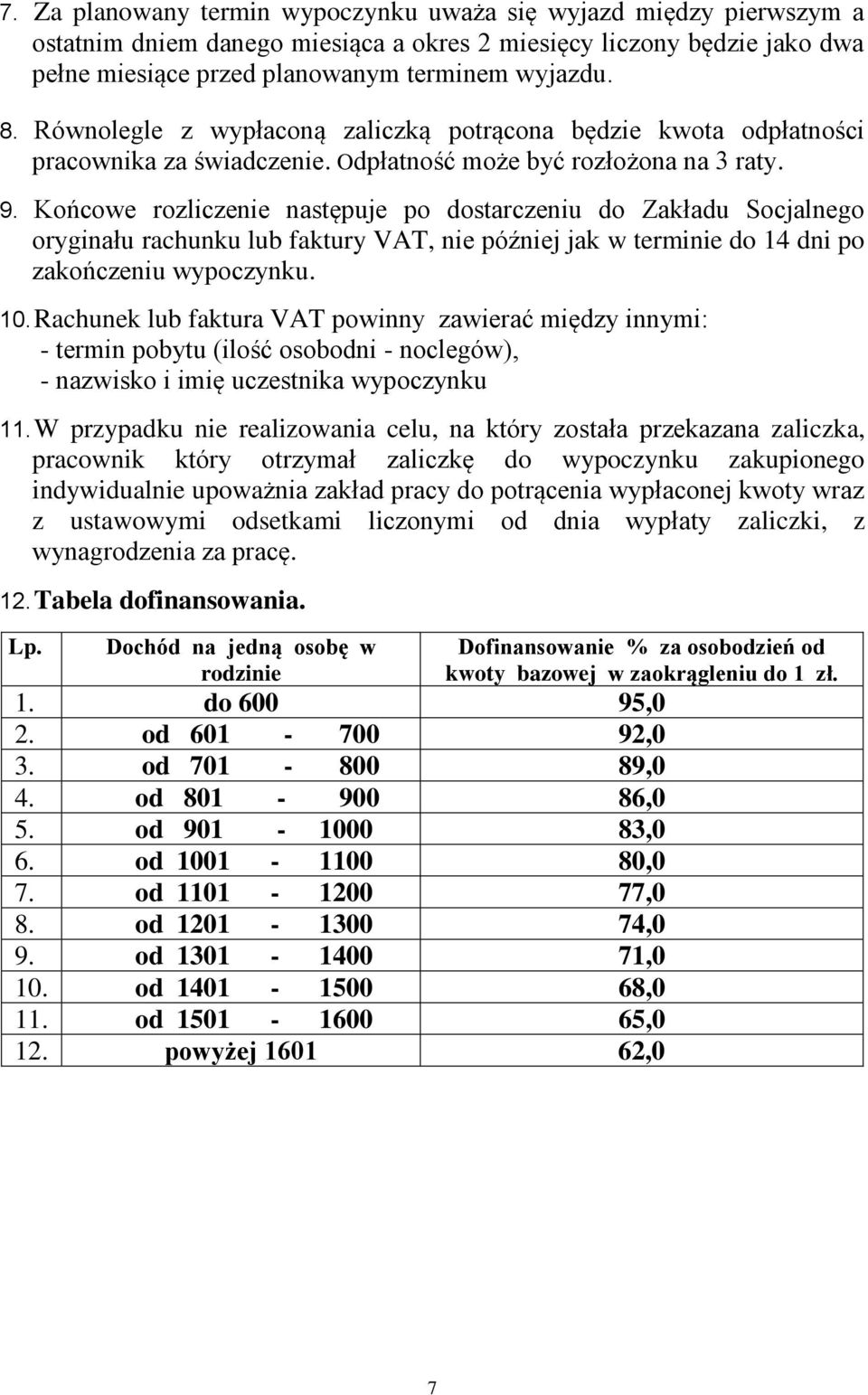 Końcowe rozliczenie następuje po dostarczeniu do Zakładu Socjalnego oryginału rachunku lub faktury VAT, nie później jak w terminie do 14 dni po zakończeniu wypoczynku. 10.