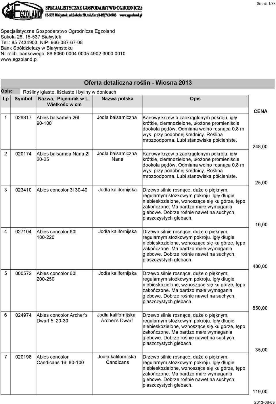 pl Oferta detaliczna roślin - Wiosna 2013 Opis: Rośliny iglaste, liściaste i byliny w donicach Lp Symbol Nazwa, Pojemnik w L, Nazwa polska Opis 1 026817 Abies balsamea 26l 90-100 Jodła balsamiczna