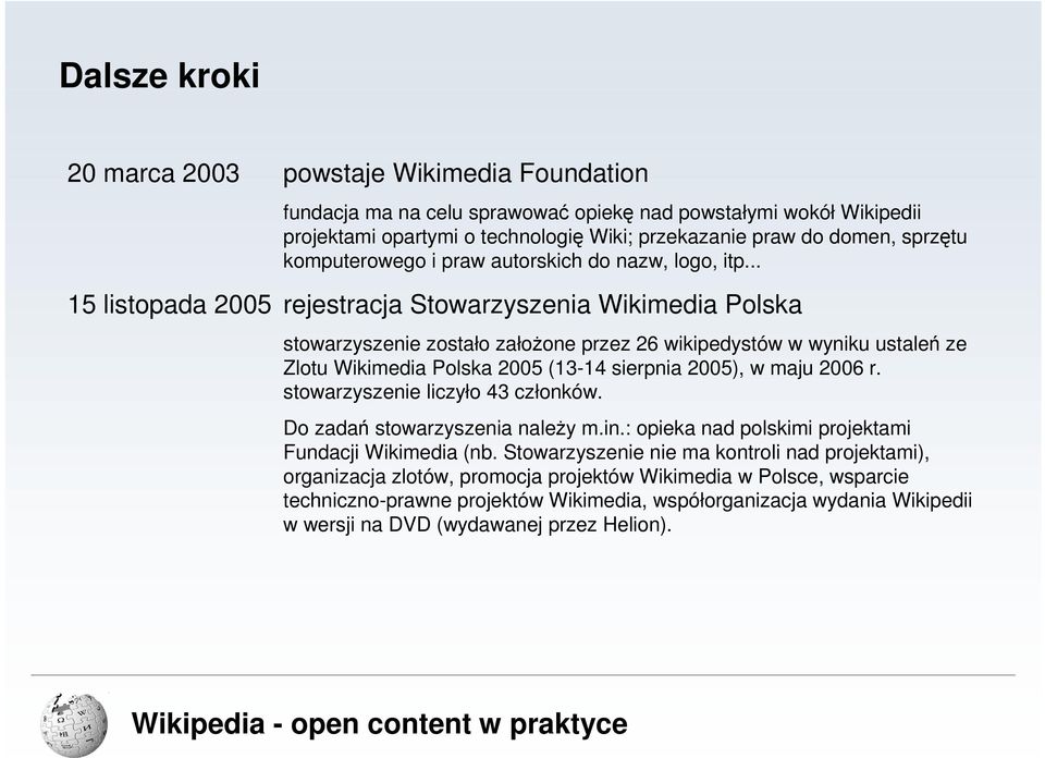 .. 15 listopada 2005 rejestracja Stowarzyszenia Wikimedia Polska stowarzyszenie zostało załoŝone przez 26 wikipedystów w wyniku ustaleń ze Zlotu Wikimedia Polska 2005 (13-14 sierpnia 2005), w maju