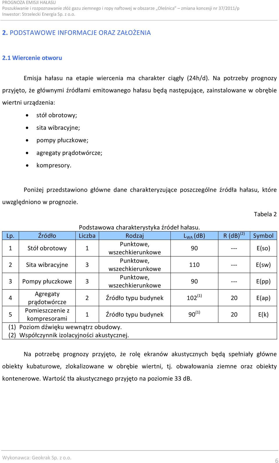 prądotwórcze; kompresory. Poniżej przedstawiono główne dane charakteryzujące poszczególne źródła hałasu, które uwzględniono w prognozie. Tabela 2 Podstawowa charakterystyka źródeł hałasu. Lp.