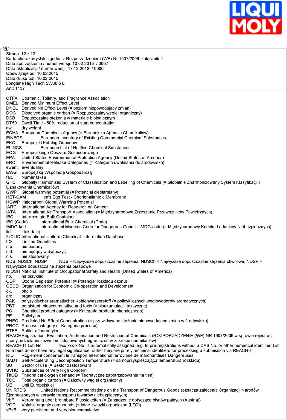 Agencja Chemikaliów) EINECS European Inventory of Existing Commercial Chemical Substances EKO Europejski Katalog Odpadów ELINCS European List of Notified Chemical Substances EOG Europejskiego Obszaru