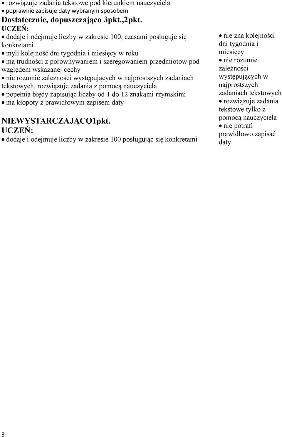 cechy nie rozumie zależności występujących w najprostszych zadaniach tekstowych, rozwiązuje zadania z pomocą nauczyciela popełnia błędy zapisując liczby od 1 do 12 znakami rzymskimi ma kłopoty z