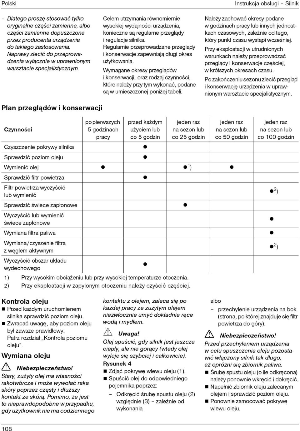 Celem utrzymania równomiernie wysokiej wydajnoœci urz¹dzenia, konieczne s¹ regularne przegl¹dy iregulacje silnika. Regularnie przeprowadzane przegl¹dy ikonserwacje zapewniaj¹ długi okres u ytkowania.