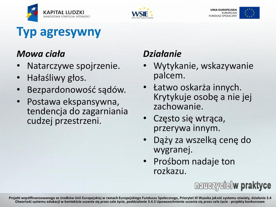 Działanie Wytykanie, wskazywanie palcem. Łatwo oskarża innych.