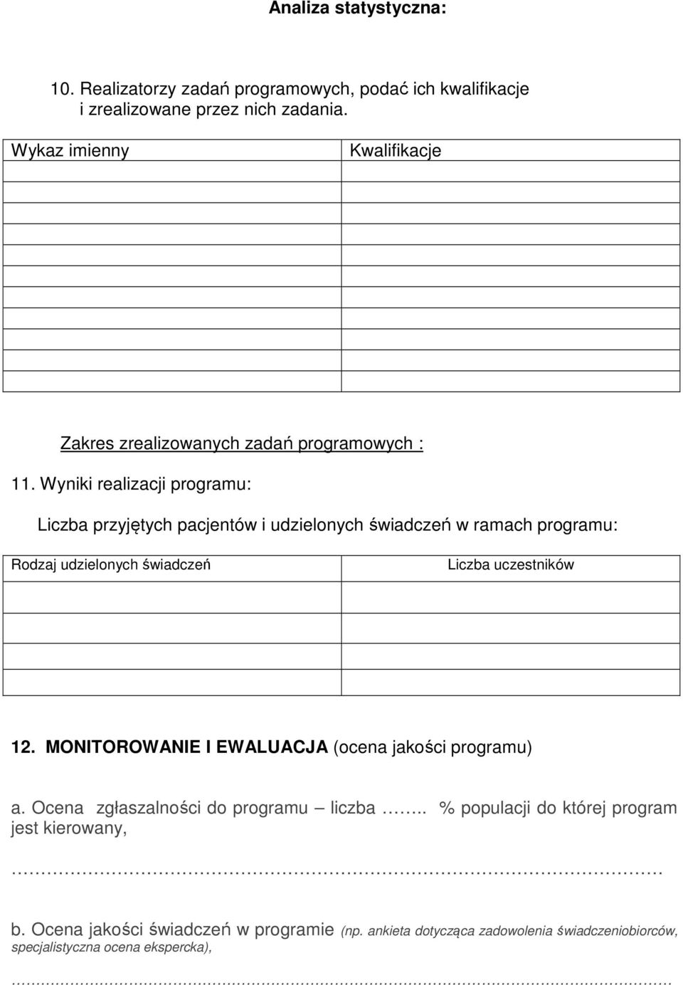 Wyniki realizacji programu: Liczba przyjętych pacjentów i udzielonych świadczeń w ramach programu: Rodzaj udzielonych świadczeń Liczba uczestników 12.