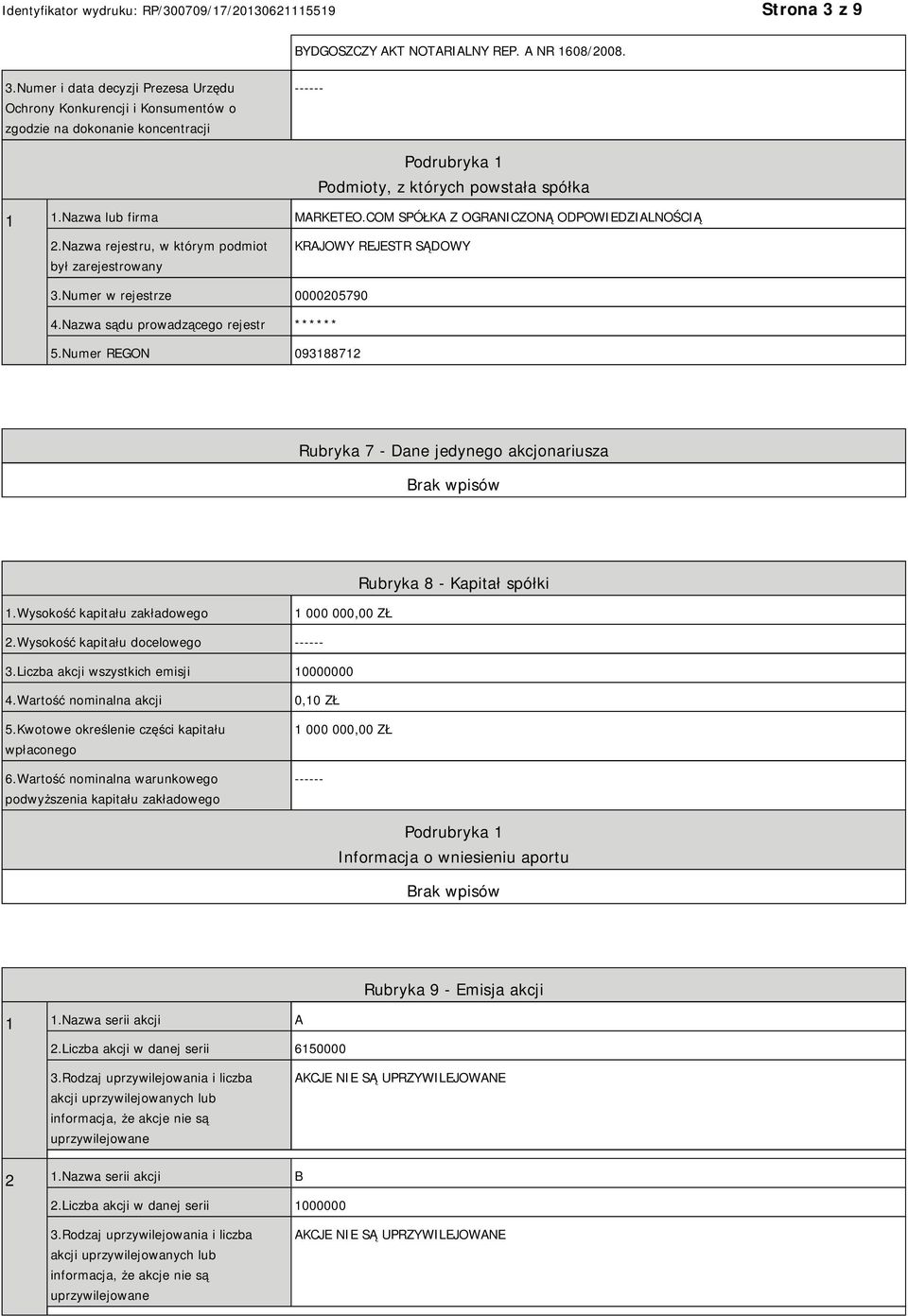 Nazwa sądu prowadzącego rejestr ****** 5.Numer REGON 093188712 Rubryka 7 - Dane jedynego akcjonariusza Rubryka 8 - Kapitał spółki 1.Wysokość kapitału zakładowego 1 000 000,00 ZŁ 2.