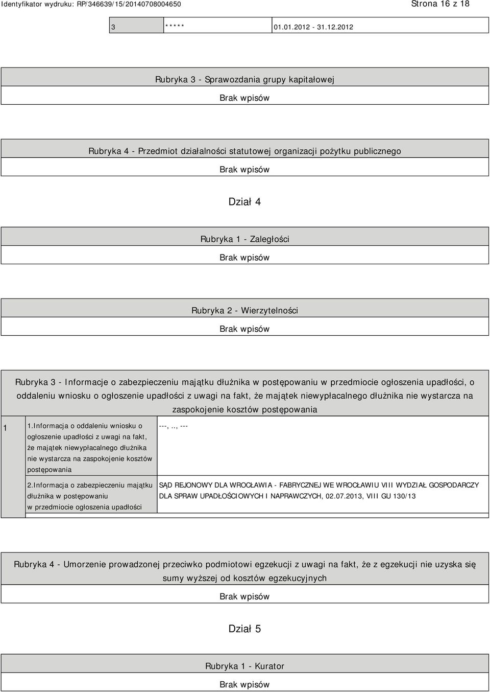 2012 Rubryka 3 - Sprawozdania grupy kapitałowej Rubryka 4 - Przedmiot działalności statutowej organizacji pożytku publicznego Dział 4 Rubryka 1 - Zaległości Rubryka 2 - Wierzytelności Rubryka 3 -