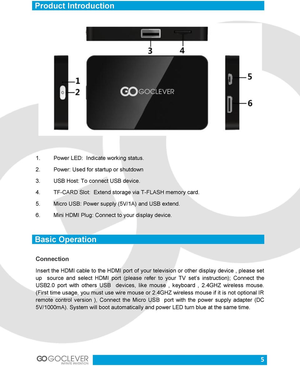 Basic Operation Connection Insert the HDMI cable to the HDMI port of your television or other display device, please set up source and select HDMI port (please refer to your TV set s instruction);