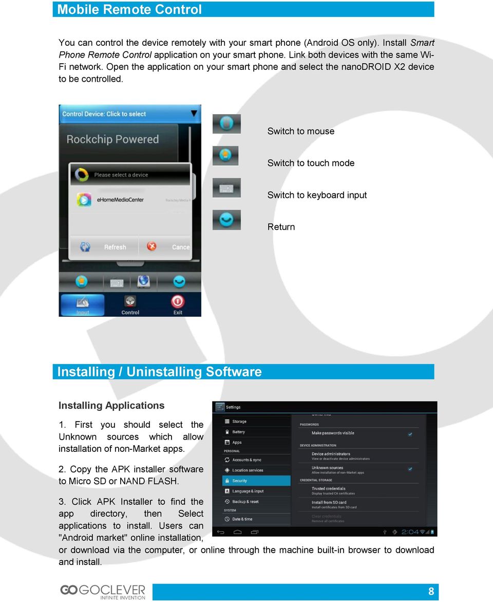 Switch to mouse Switch to touch mode Switch to keyboard input Return Installing / Uninstalling Software Installing Applications 1.