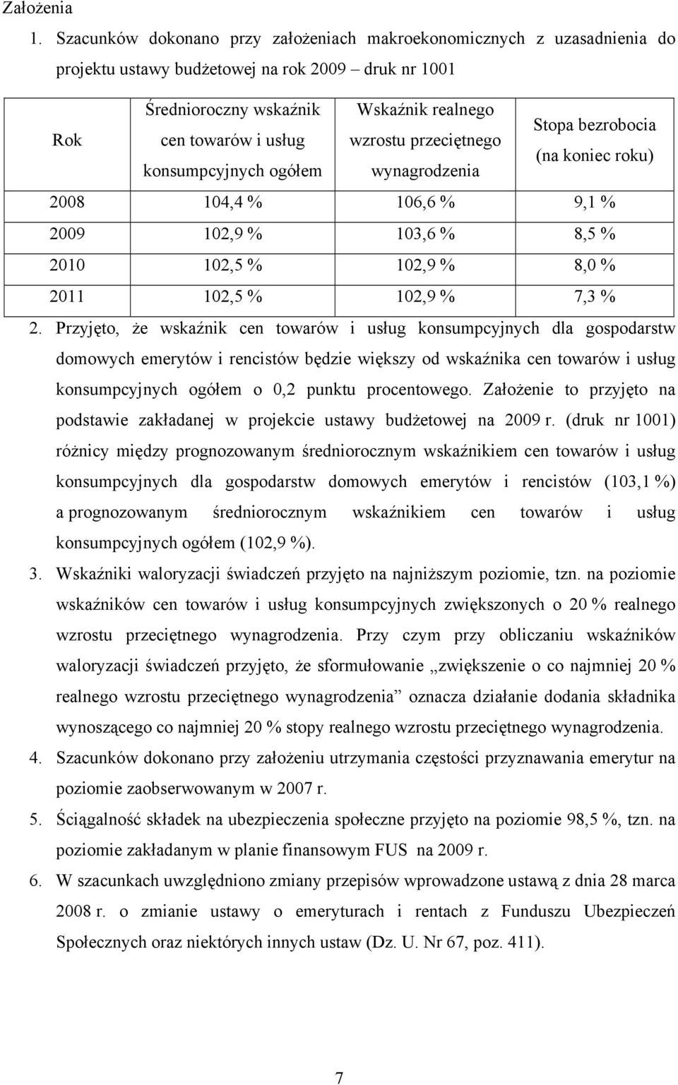 i usług wzrostu przeciętnego (na koniec roku) konsumpcyjnych ogółem wynagrodzenia 2008 104,4 % 106,6 % 9,1 % 2009 102,9 % 103,6 % 8,5 % 2010 102,5 % 102,9 % 8,0 % 2011 102,5 % 102,9 % 7,3 % 2.