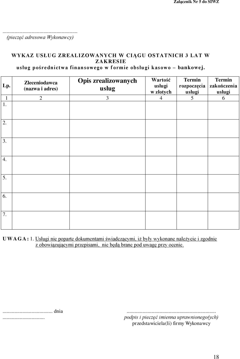 Zleceniodawca (nazwa i adres) Opis zrealizowanych usług Wartość usługi w złotych Termin rozpoczęcia usługi Termin zakończenia usługi 1 2 3 4 5 6 1. 2. 3. 4. 5. 6. 7.