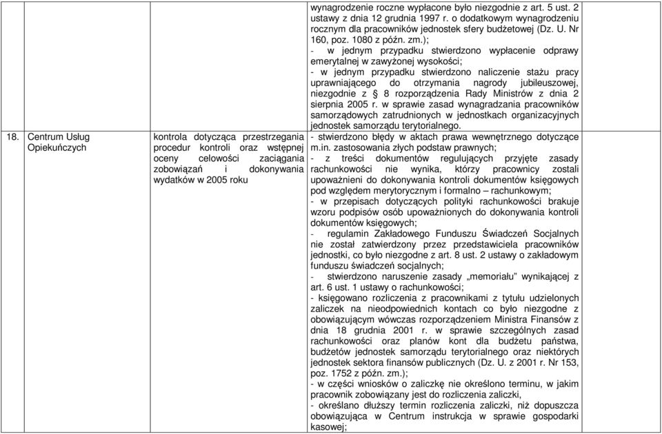 ); - w jednym przypadku stwierdzono wypłacenie odprawy emerytalnej w zawyonej wysokoci; - w jednym przypadku stwierdzono naliczenie stau pracy uprawniajcego do otrzymania nagrody jubileuszowej,