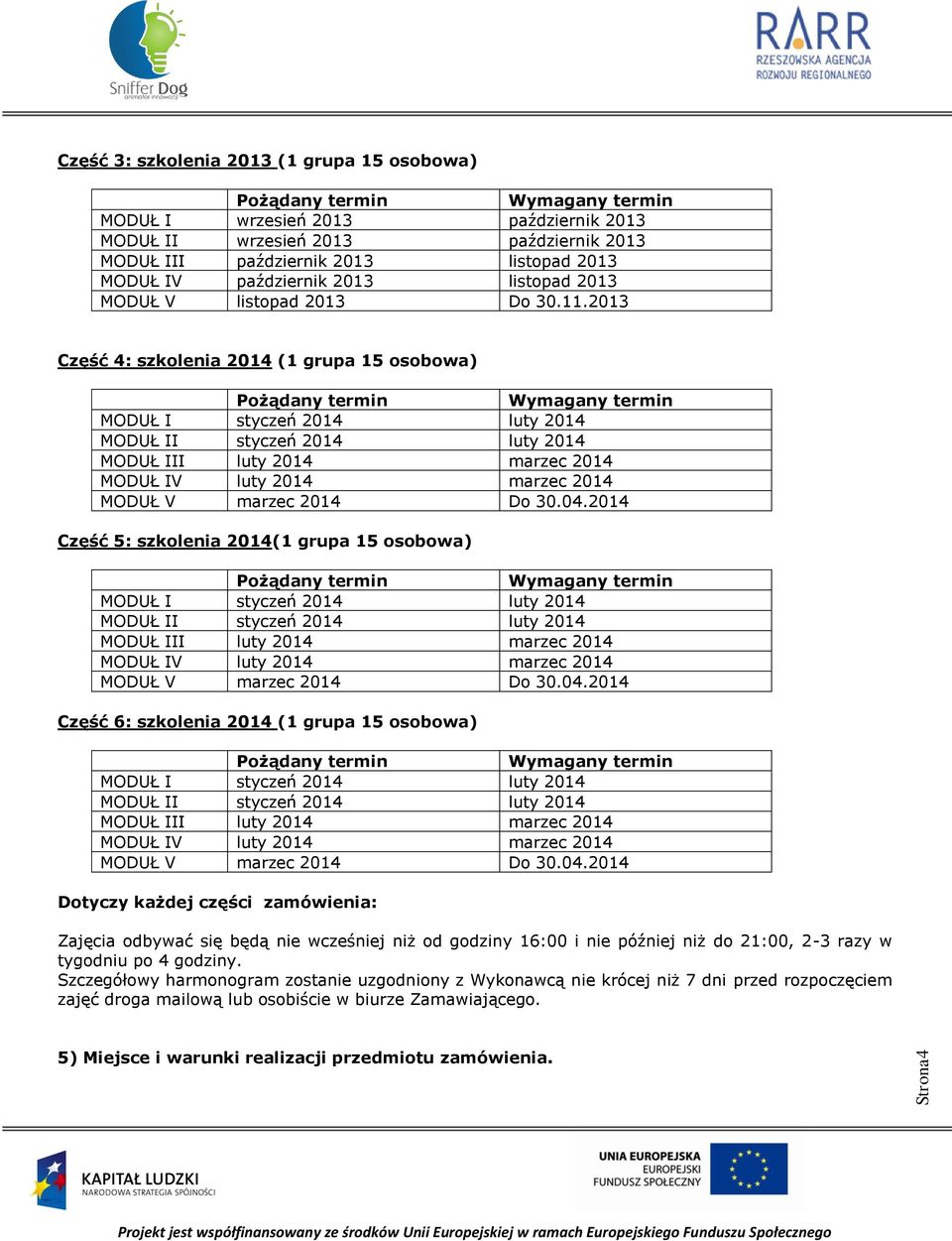 2013 Część 4: szkolenia 2014 (1 grupa 15 osobowa) Pożądany termin Wymagany termin MODUŁ I styczeń 2014 luty 2014 MODUŁ II styczeń 2014 luty 2014 MODUŁ III luty 2014 marzec 2014 MODUŁ IV luty 2014