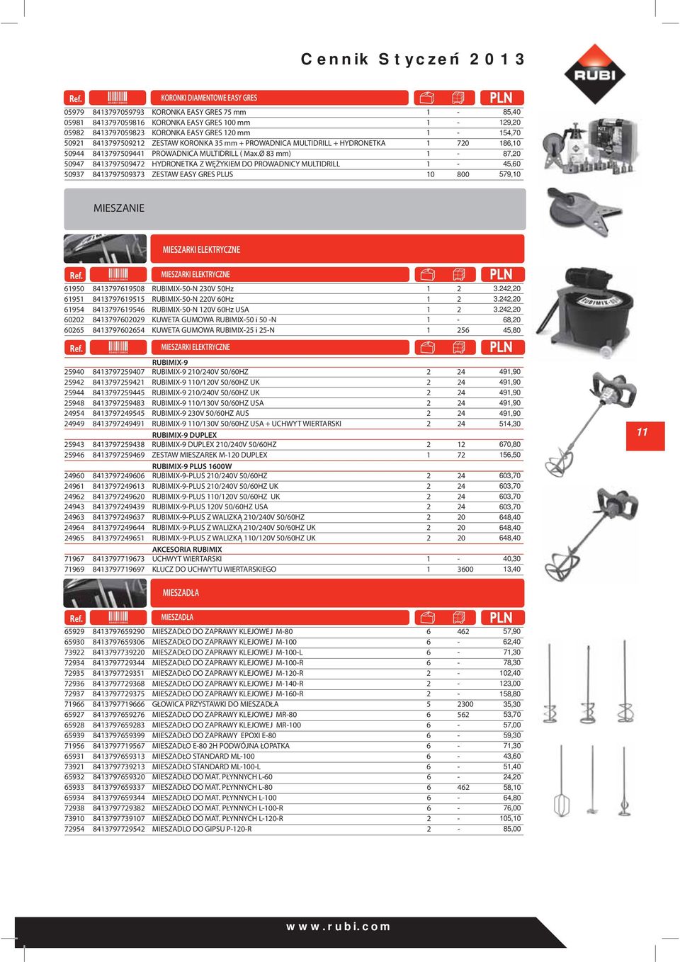 Ø 83 mm) 1-87,20 50947 8413797509472 HYDRONETKA Z WĘŻYKIEM DO PROWADNICY MULTIDRILL 1-45,60 50937 8413797509373 ZESTAW EASY GRES PLUS 10 800 579,10 MIESZANIE MIESZARKI ELEKTRYCZNE 61950 8413797619508