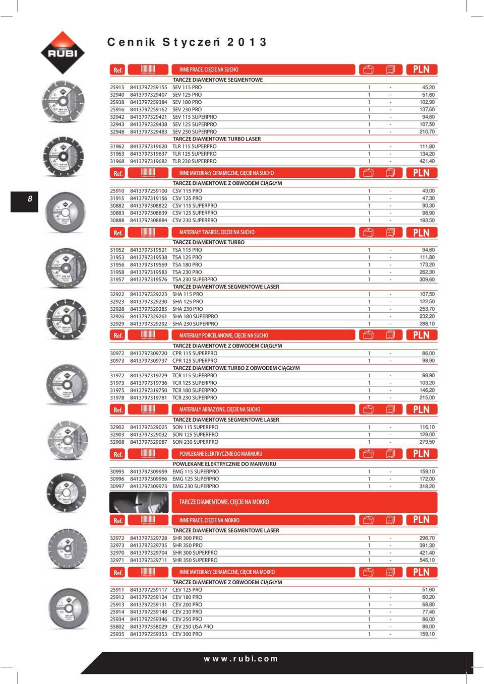 1-111,80 31963 8413797319637 TLR 125 SUPERPRO 1-134,20 31968 8413797319682 TLR 230 SUPERPRO 1-421,40 TARCZE DIAMENTOWE Z OBWODEM CIĄGŁYM 25910 8413797259100 CSV 115 PRO 1-43,00 31915 8413797319156