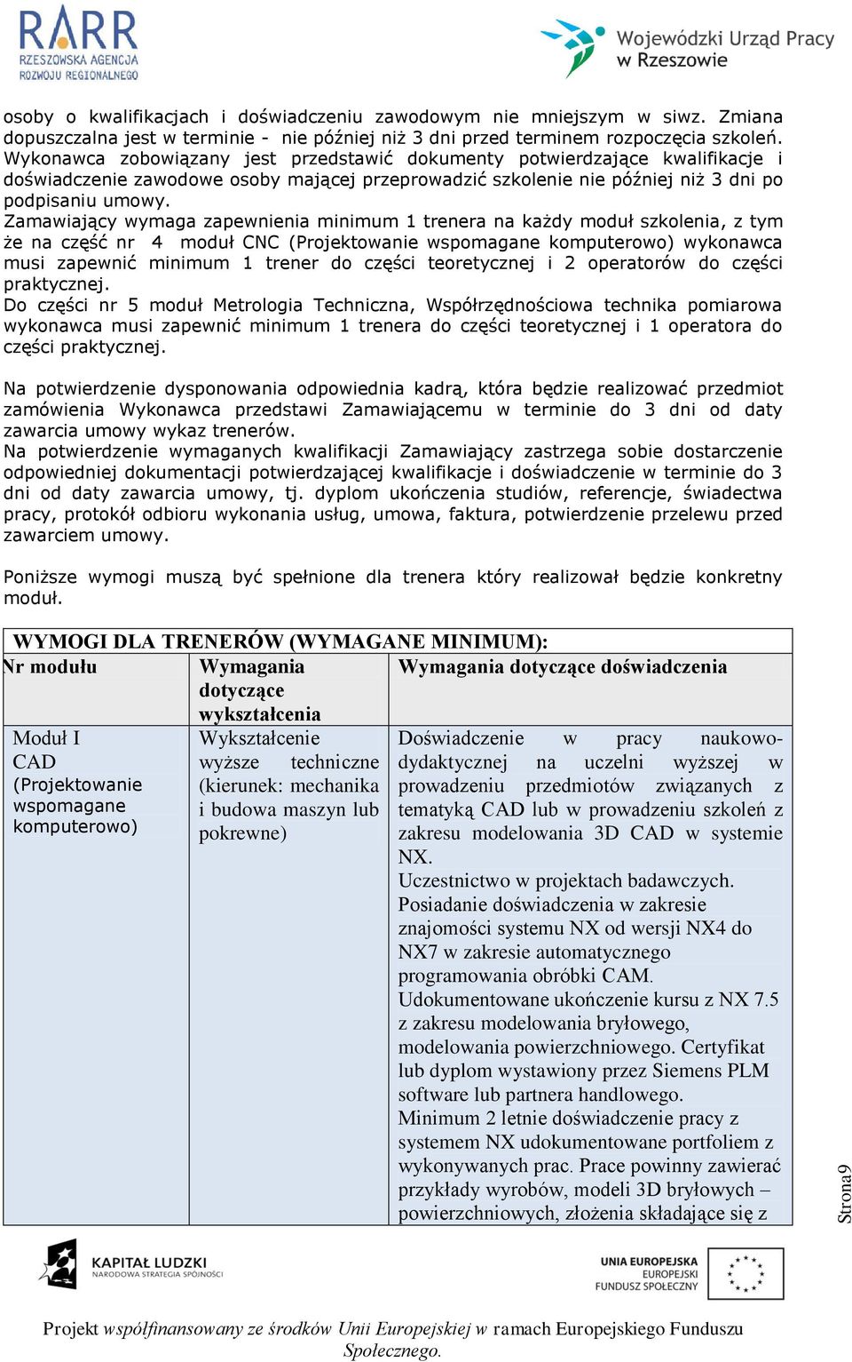 Zamawiający wymaga zapewnienia minimum 1 trenera na każdy moduł szkolenia, z tym że na część nr 4 moduł CNC (Projektowanie wspomagane komputerowo) wykonawca musi zapewnić minimum 1 trener do części