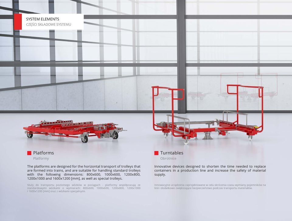 Służy do transportu poziomego wózków w pociągach - platformy współpracują ze standardowymi wózkami o wymiarach: 800x600, 1000x600, 1200x800, 1200x1000 i 1600x1200 oraz z wózkami specjalnymi.