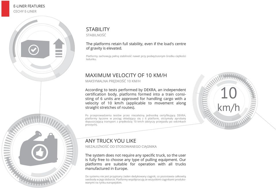 MAXIMUM VELOCITY OF 10 KM/H MAKSYMALNA PRĘDKOŚĆ 10 KM/H According to tests performed by DEKRA, an independent certification body, platforms formed into a train consisting of 6 units are approved for