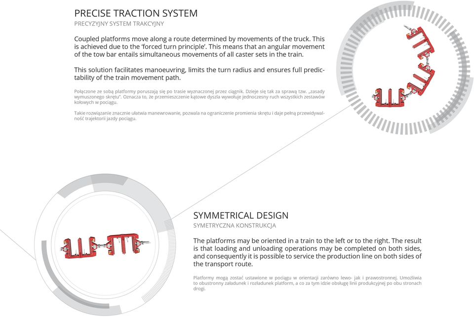 This solution facilitates manoeuvring, limits the turn radius and ensures full predictability of the train movement path. Połączone ze sobą platformy poruszają się po trasie wyznaczonej przez ciągnik.