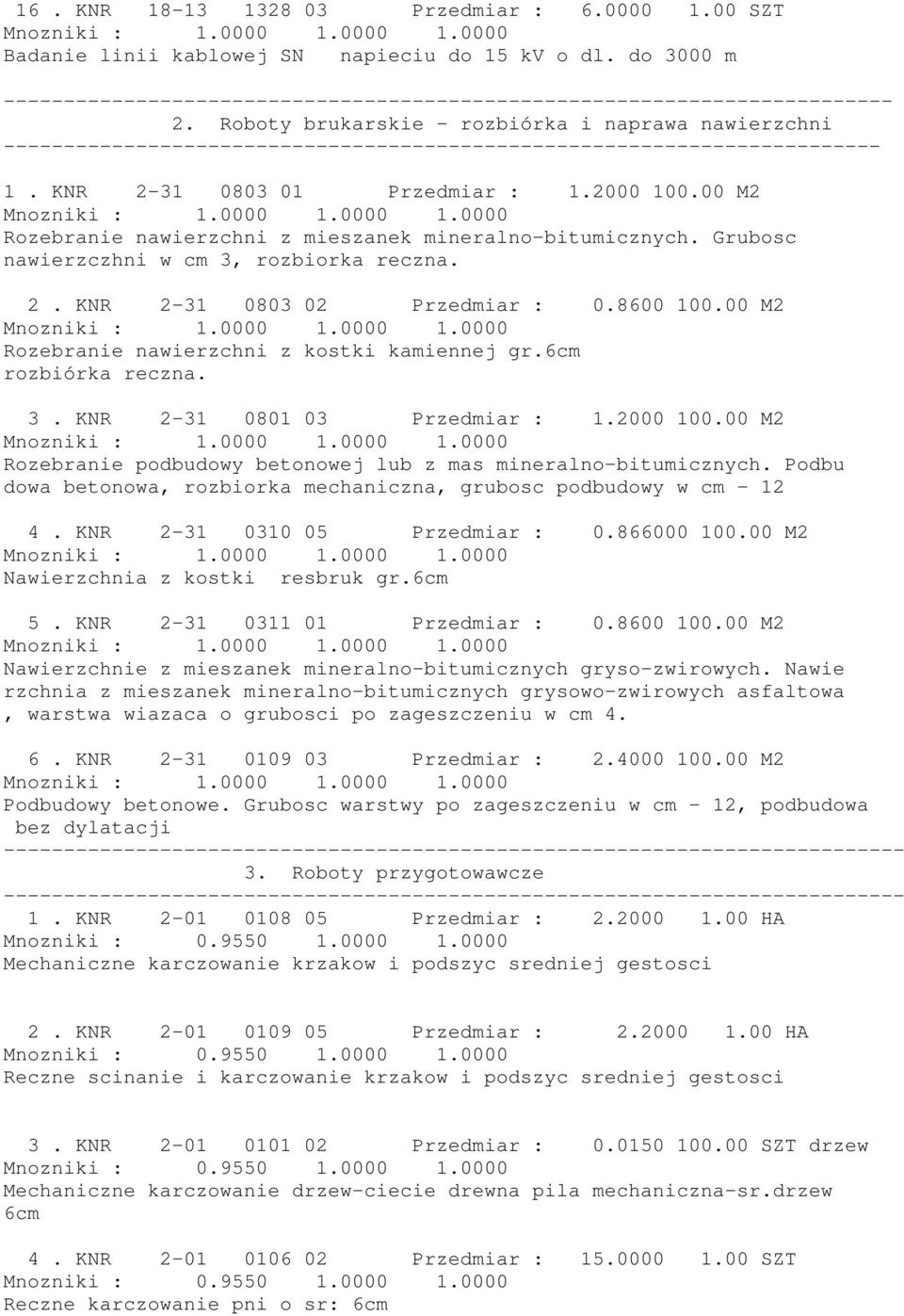 00 M2 Rozebranie nawierzchni z mieszanek mineralno-bitumicznych. Grubosc nawierzczhni w cm 3, rozbiorka reczna. 2. KNR 2-31 0803 02 Przedmiar : 0.8600 100.