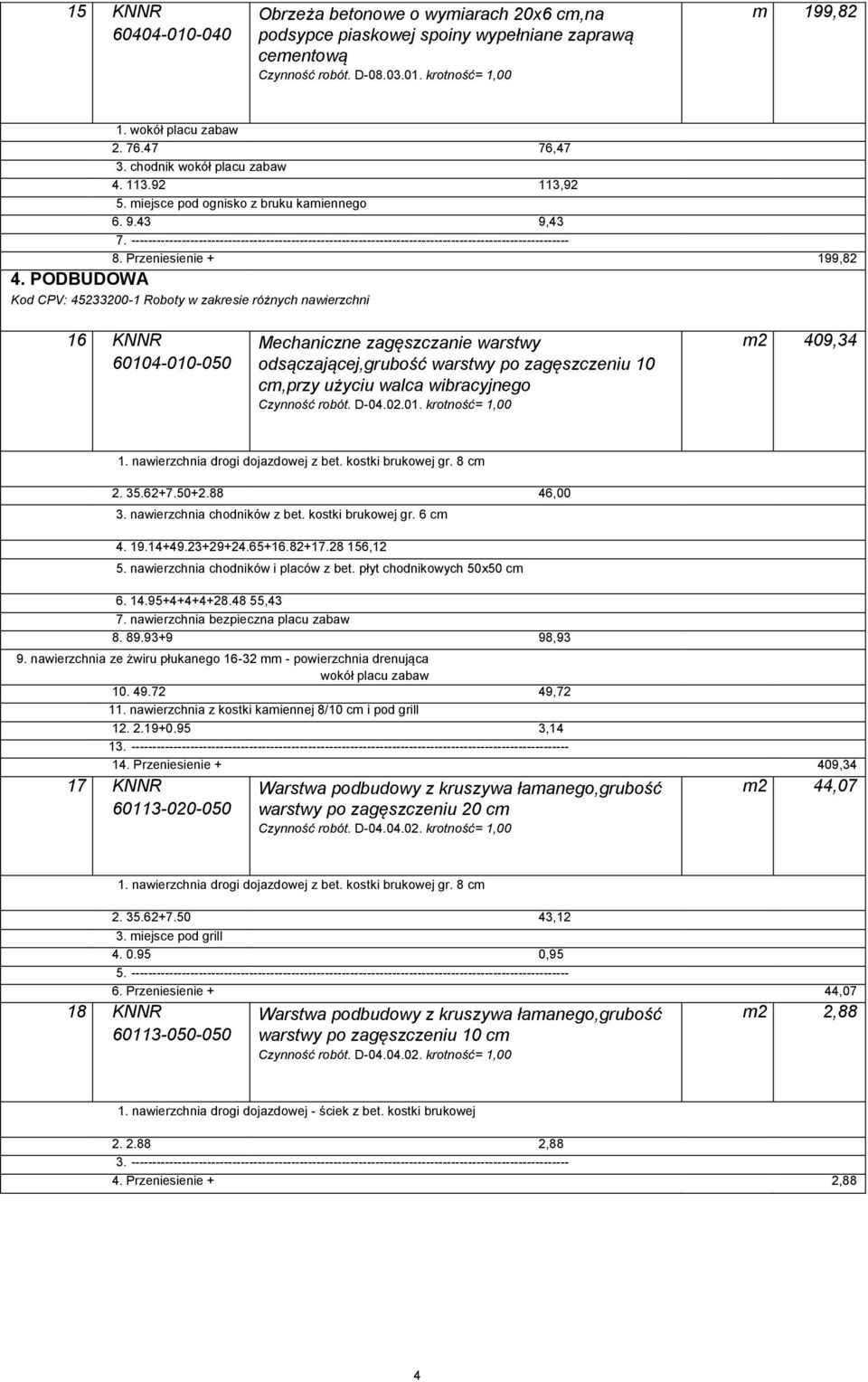 Przeniesienie + 199,82 4 PODBUDOWA Kod CPV: 452332-1 Roboty w zakresie różnych nawierzchni 16 KNNR 614-1-5 Mechaniczne zagęszczanie warstwy odsączającej,grubość warstwy po zagęszczeniu 1 cm,przy