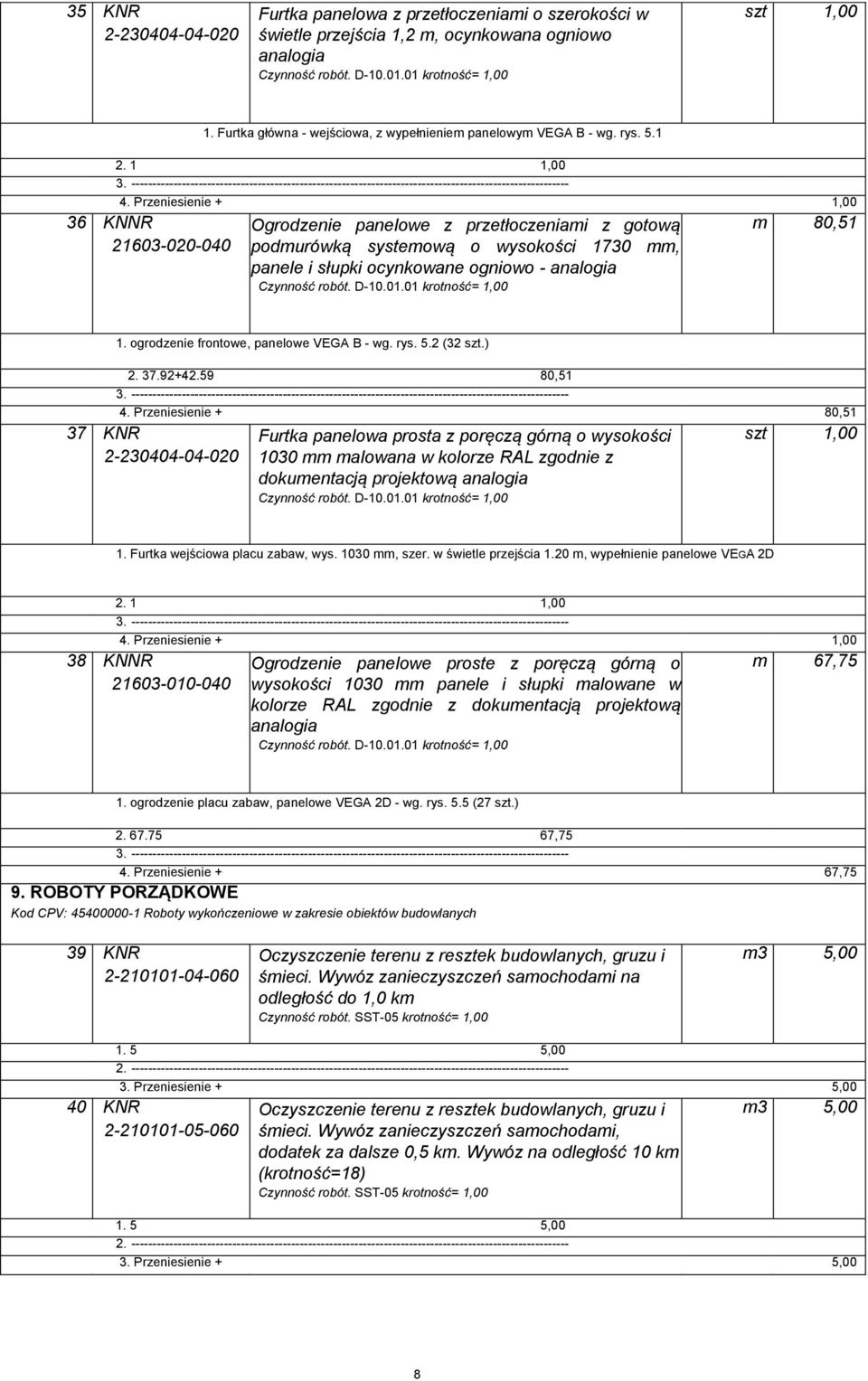 ocynkowane ogniowo - analogia Czynność robót D-111 krotność= 1, m 8,51 1 ogrodzenie frontowe, panelowe VEGA B - wg rys 52 (32 szt) 2 3792+4259 8,51 4 Przeniesienie + 8,51 37 KNR 2-2344-4-2 Furtka