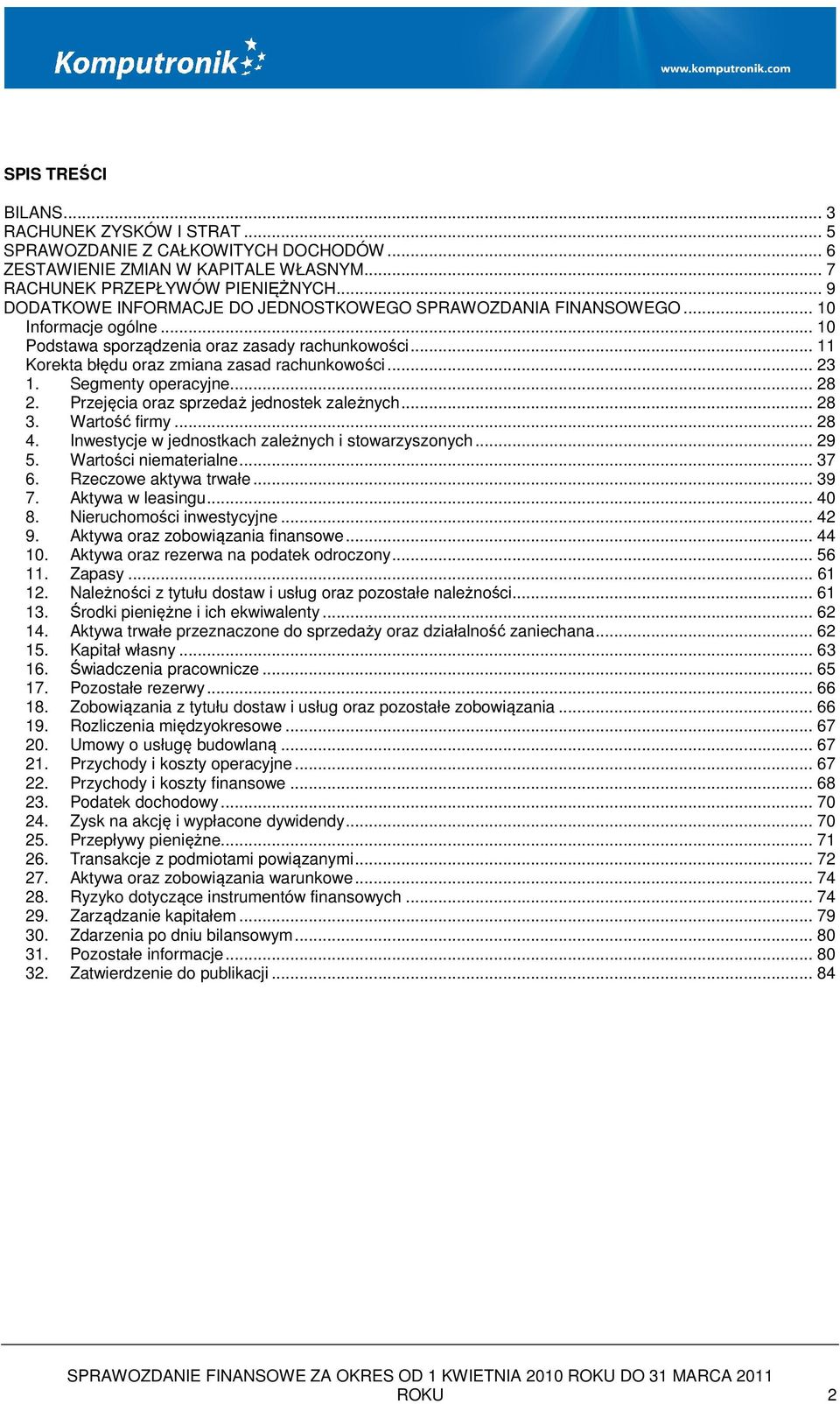 .. 23 1. Segmenty operacyjne... 28 2. Przejęcia oraz sprzedaż jednostek zależnych... 28 3. Wartość firmy... 28 4. Inwestycje w jednostkach zależnych i stowarzyszonych... 29 5. Wartości niematerialne.