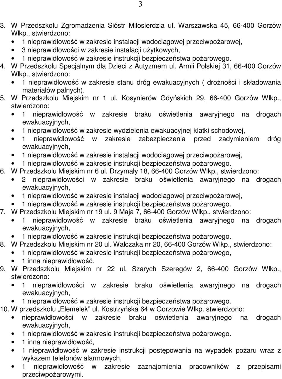 , stwierdzono: 1 nieprawidłowość w zakresie stanu dróg ewakuacyjnych ( drożności i składowania materiałów palnych). 5. W Przedszkolu Miejskim nr 1 ul. Kosynierów Gdyńskich 29, 66-400 Gorzów Wlkp.