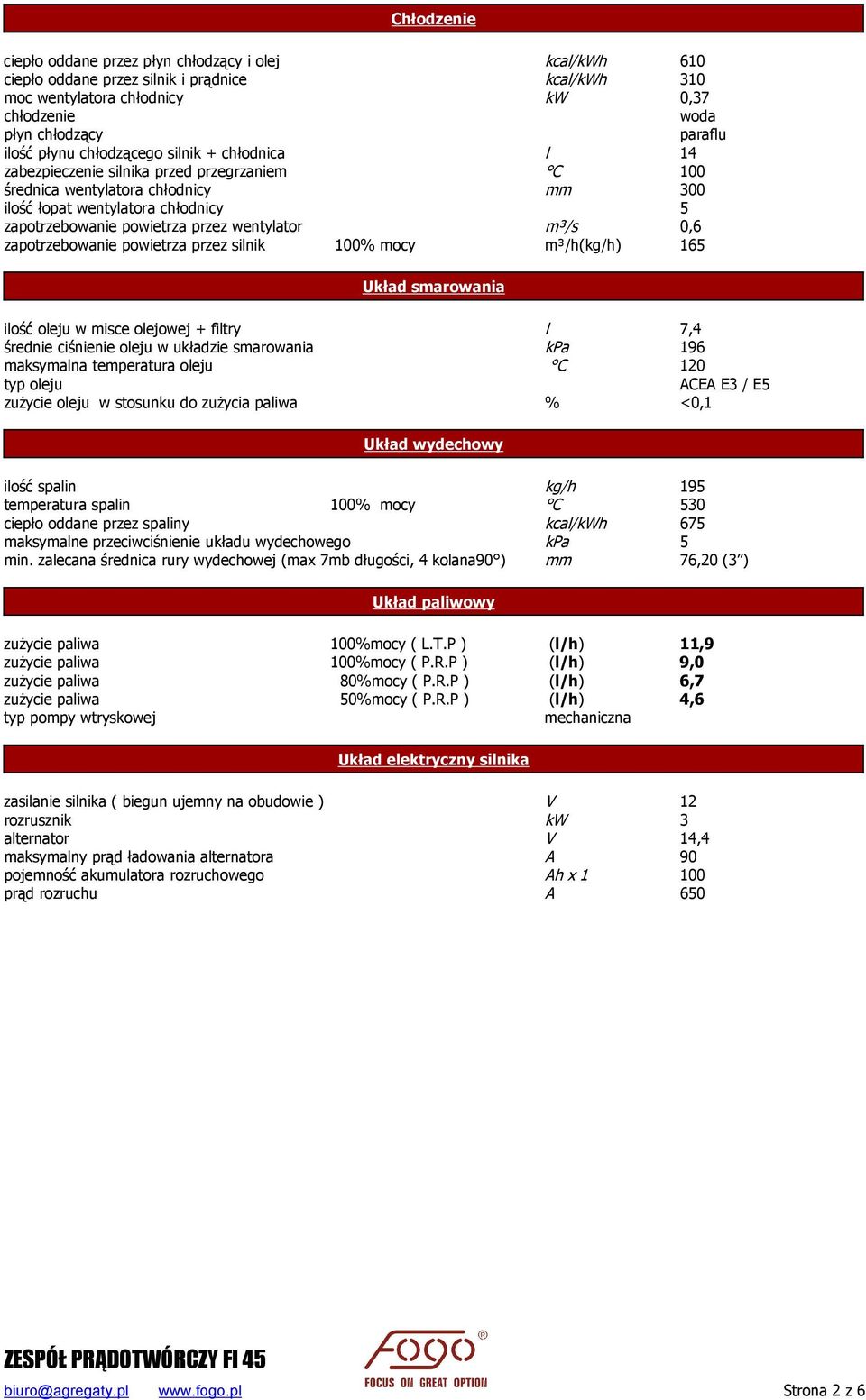 wentylator m³/s 0,6 zapotrzebowanie powietrza przez silnik 100% mocy m³/h(kg/h) 165 Układ smarowania ilość oleju w misce olejowej + filtry l 7,4 średnie ciśnienie oleju w układzie smarowania kpa 196