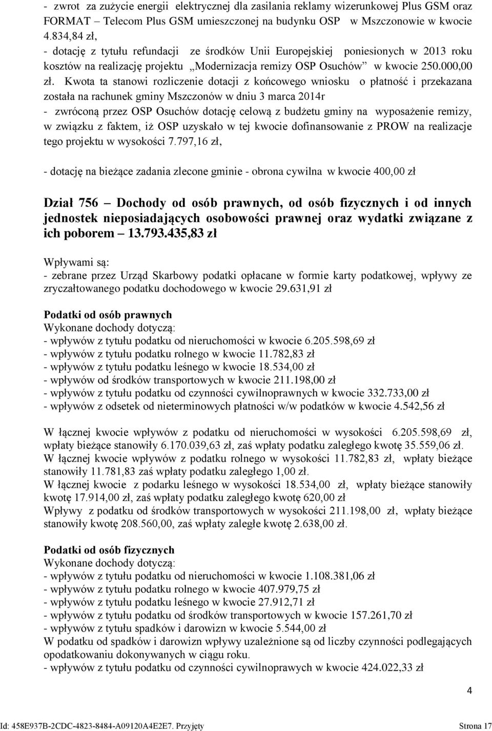 Kwota ta stanowi rozliczenie dotacji z końcowego wniosku o płatność i przekazana została na rachunek gminy Mszczonów w dniu 3 marca 2014r - zwróconą przez OSP Osuchów dotację celową z budżetu gminy