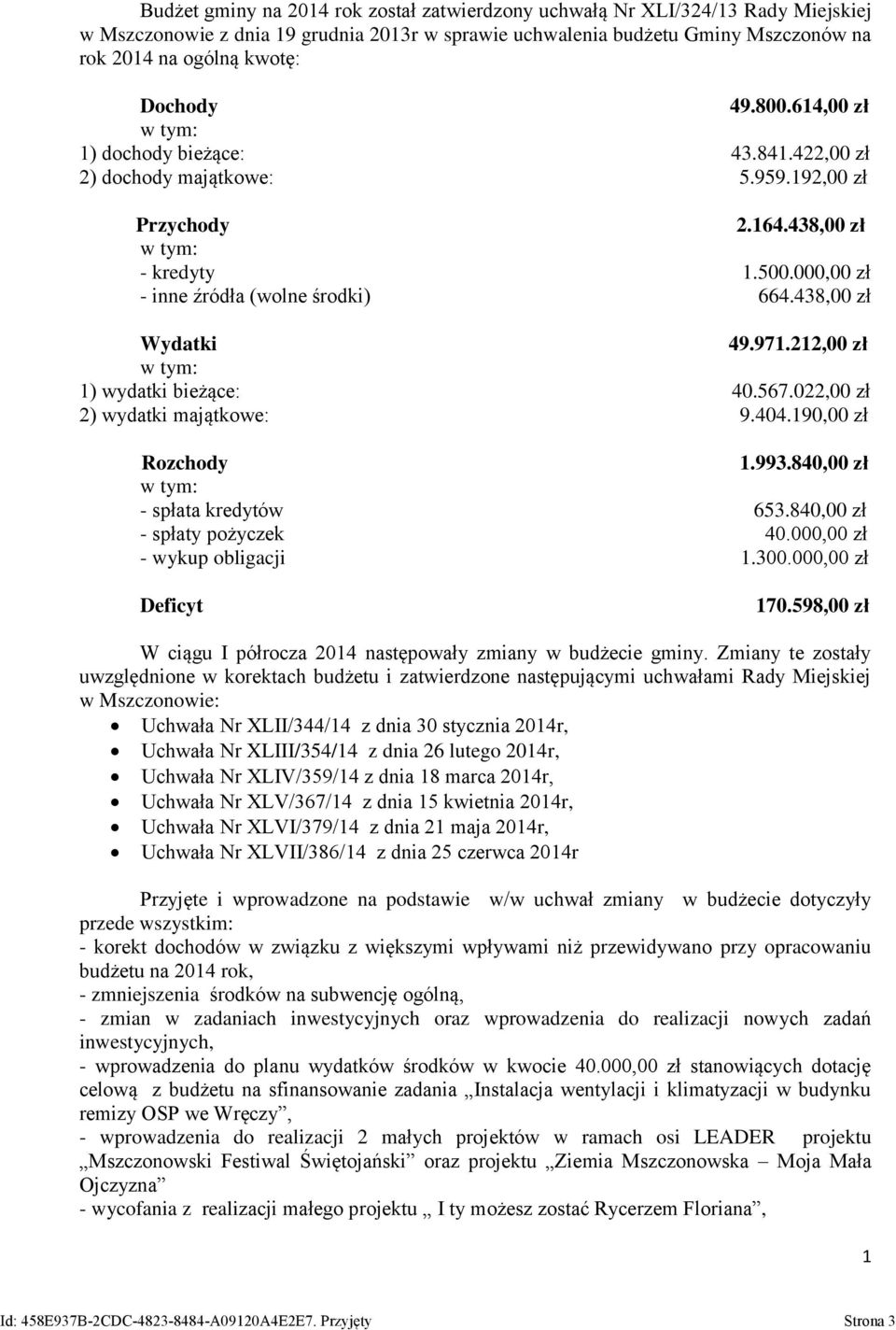 438,00 zł Wydatki 49.971.212,00 zł w tym: 1) wydatki bieżące: 40.567.022,00 zł 2) wydatki majątkowe: 9.404.190,00 zł Rozchody 1.993.840,00 zł w tym: - spłata kredytów 653.