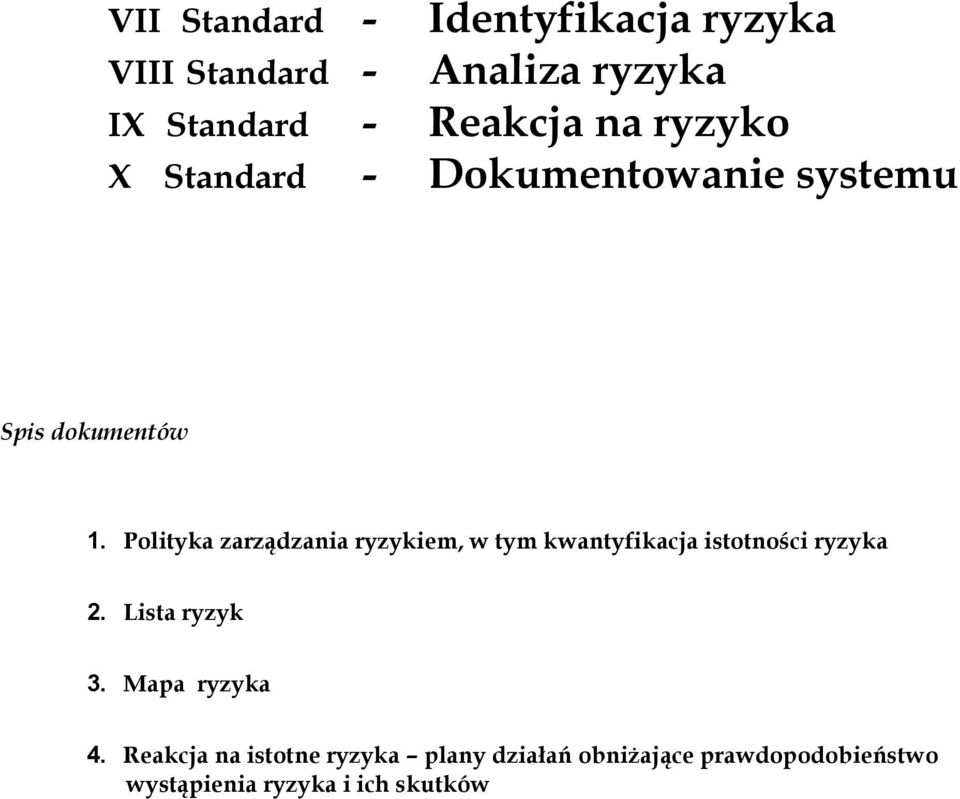 Polityka zarządzania ryzykiem, w tym kwantyfikacja istotności ryzyka 2. Lista ryzyk 3.