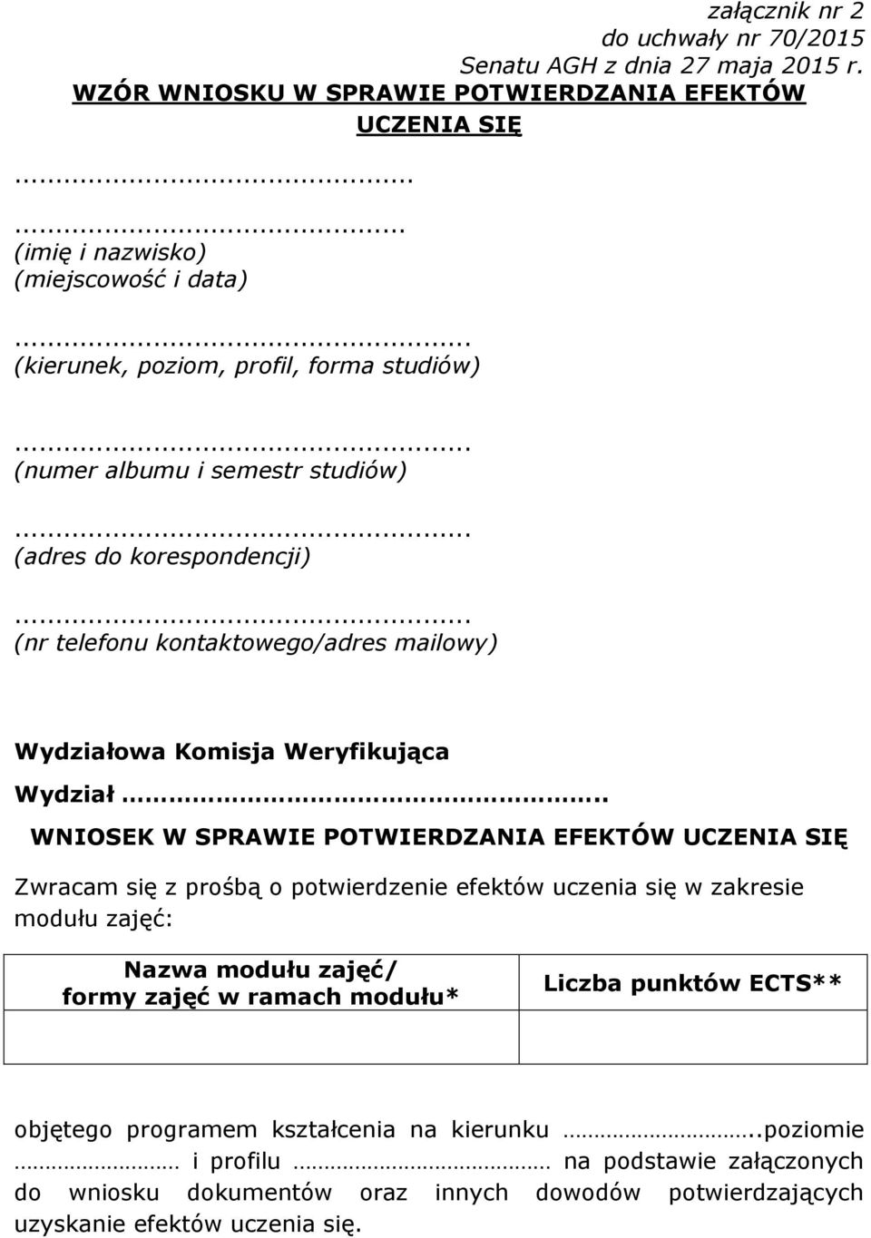 .. (nr telefonu kontaktowego/adres mailowy) Wydziałowa Komisja Weryfikująca Wydział.