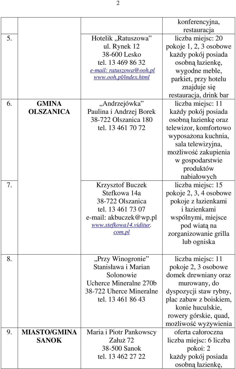 viditur. com.pl 8. Przy Winogronie Stanisława i Marian Solonowie Ucherce Mineralne 270b 38-722 Uherce Mineralne tel. 13 461 86 43 9. MIASTO/GMINA SANOK Maria i Piotr Pankowscy ZałuŜ 72 tel.