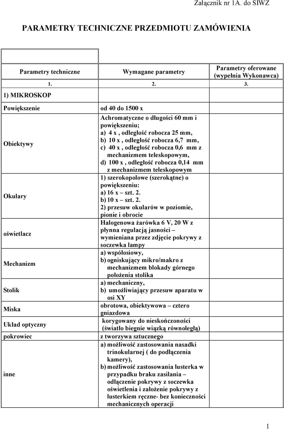 Achromatyczne o długości 60 mm i powiększeniu; a) 4 x, odległość robocza 25 mm, b) 10 x, odległość robocza 6,7 mm, c) 40 x, odległość robocza 0,6 mm z mechanizmem teleskopowym, d) 100 x, odległość