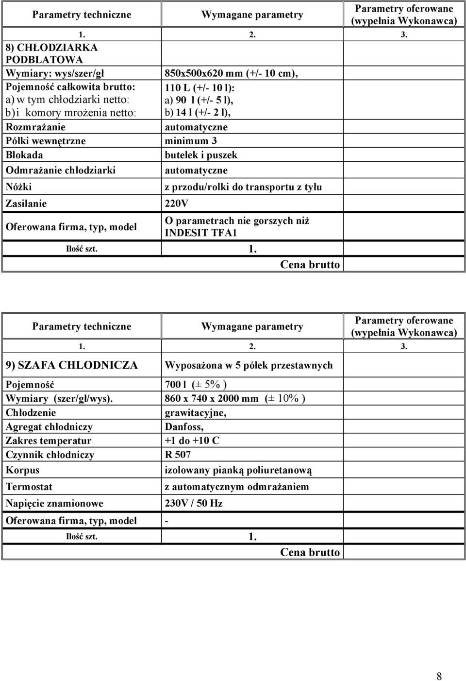 nie gorszych niŝ INDESIT TFA1 Parametry techniczne 9) SZAFA CHLODNICZA WyposaŜona w 5 półek przestawnych Pojemność 700 l (± 5% ) Wymiary (szer/gł/wys).