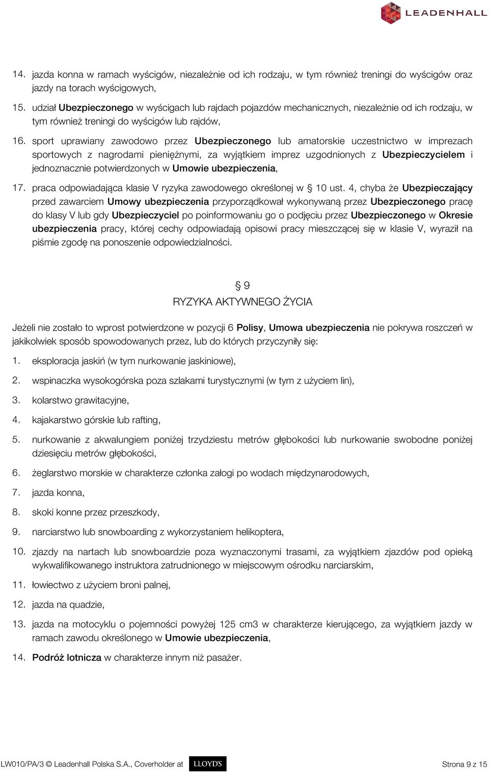 sport uprawiany zawodowo przez Ubezpieczonego lub amatorskie uczestnictwo w imprezach sportowych z nagrodami pieniężnymi, za wyjątkiem imprez uzgodnionych z Ubezpieczycielem i jednoznacznie