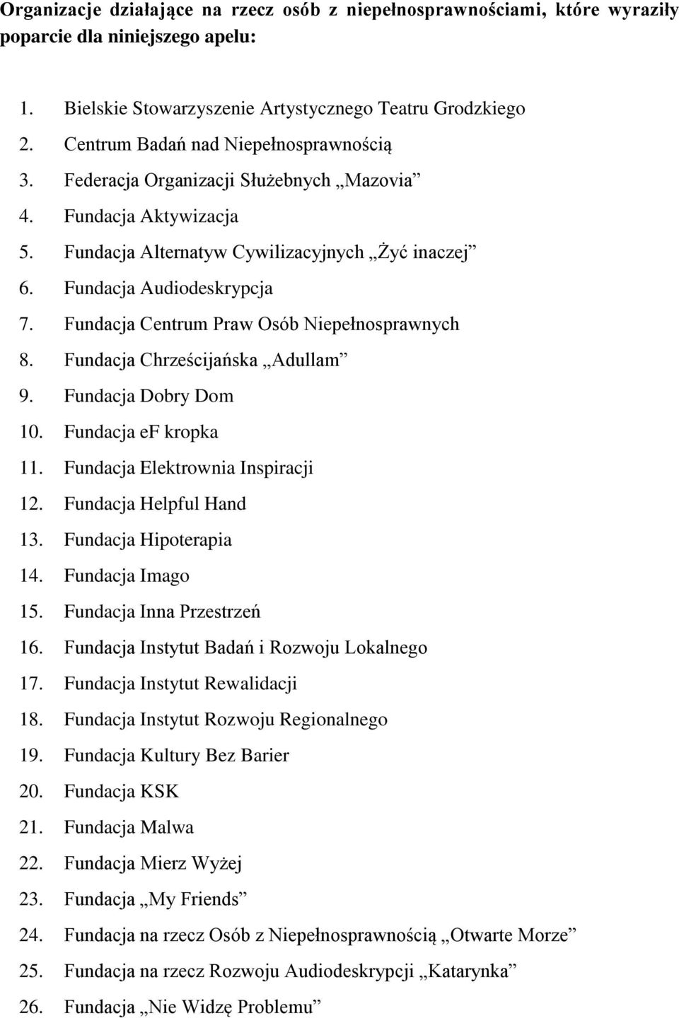 Fundacja Centrum Praw Osób Niepełnosprawnych 8. Fundacja Chrześcijańska Adullam 9. Fundacja Dobry Dom 10. Fundacja ef kropka 11. Fundacja Elektrownia Inspiracji 12. Fundacja Helpful Hand 13.