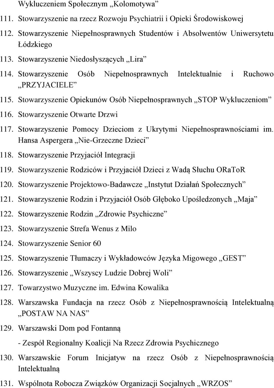 Stowarzyszenie Otwarte Drzwi 117. Stowarzyszenie Pomocy Dzieciom z Ukrytymi Niepełnosprawnościami im. Hansa Aspergera Nie-Grzeczne Dzieci 118. Stowarzyszenie Przyjaciół Integracji 119.