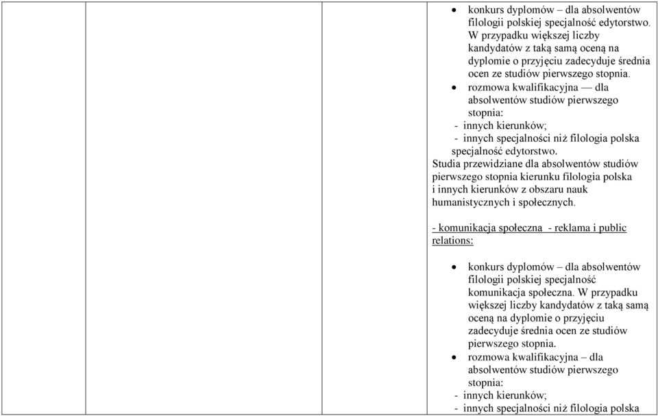 rozmowa kwalifikacyjna dla absolwentów pierwszego stopnia: - innych kierunków; - innych specjalności niż filologia polska specjalność edytorstwo.