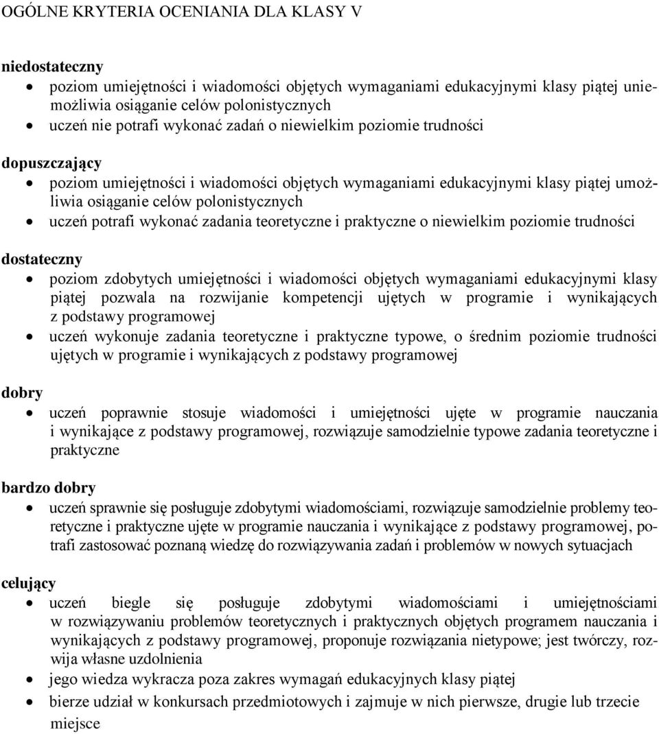 wykonać zadania teoretyczne i praktyczne o niewielkim poziomie trudności dostateczny poziom zdobytych umiejętności i wiadomości objętych wymaganiami edukacyjnymi klasy piątej pozwala na rozwijanie