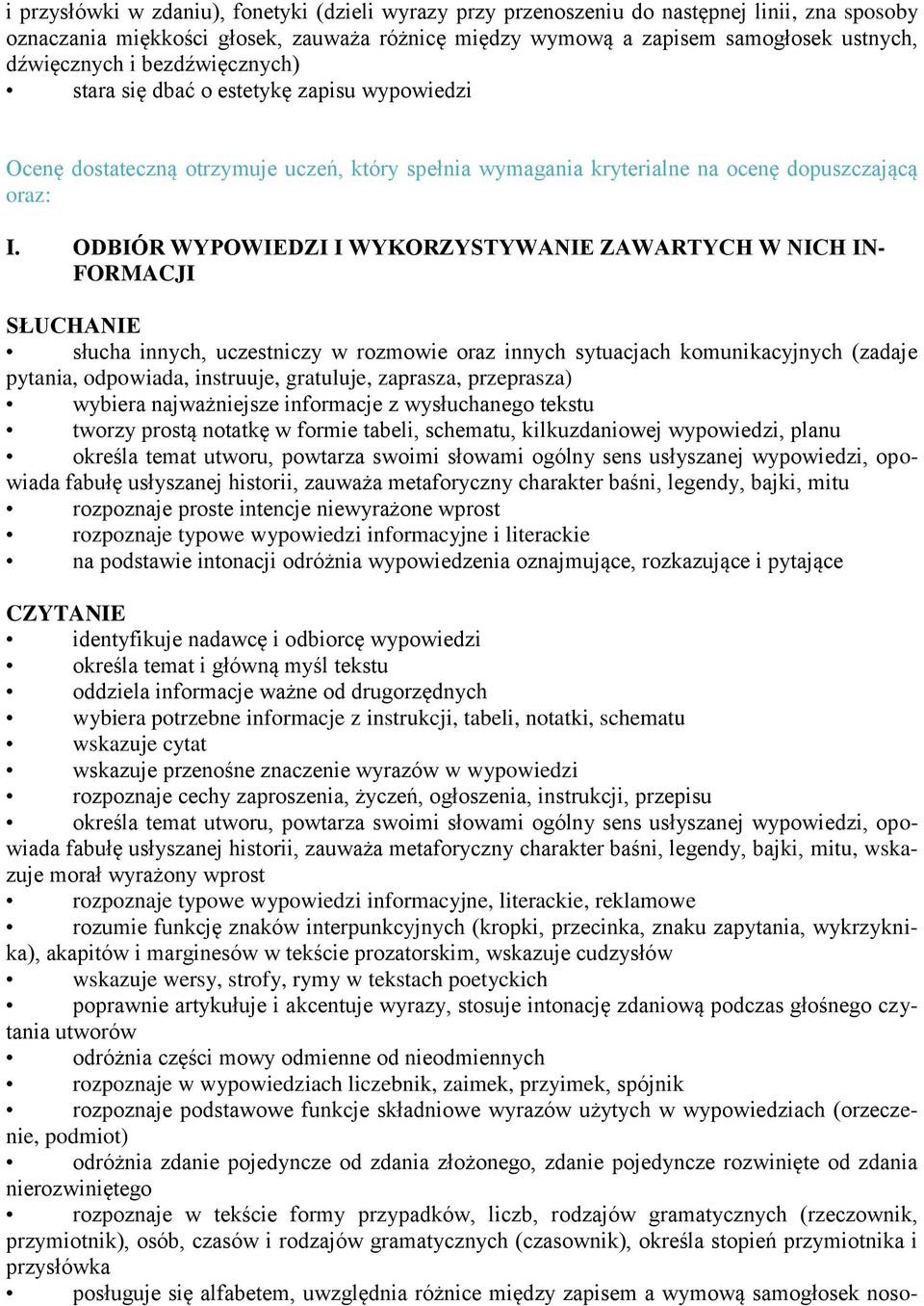 ODBIÓR WYPOWIEDZI I WYKORZYSTYWANIE ZAWARTYCH W NICH IN- FORMACJI SŁUCHANIE słucha innych, uczestniczy w rozmowie oraz innych sytuacjach komunikacyjnych (zadaje pytania, odpowiada, instruuje,