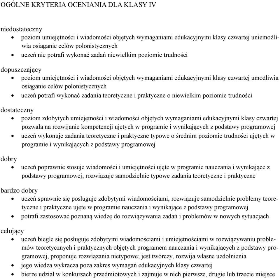 wykonać zadania teoretyczne i praktyczne o niewielkim poziomie trudności dostateczny poziom zdobytych umiejętności i wiadomości objętych wymaganiami edukacyjnymi klasy czwartej pozwala na rozwijanie