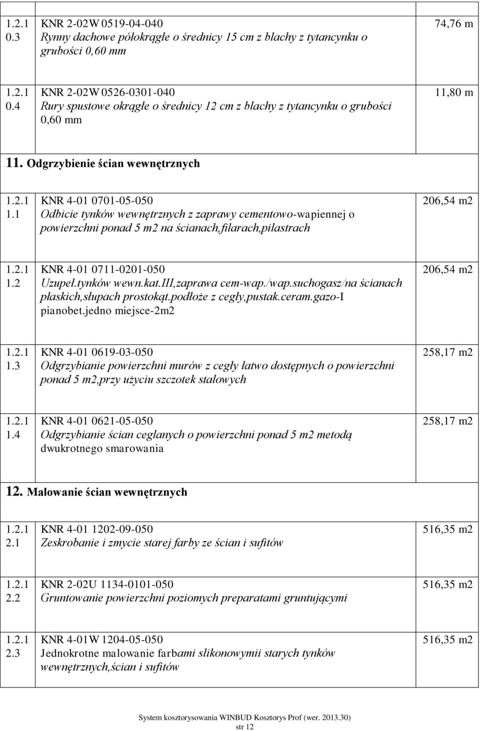 Odgrzybienie ścian wewnętrznych 1 1 0701-05- Odbicie tynków wewnętrznych z zaprawy cementowo-wapiennej o powierzchni ponad 5 na ścianach,filarach,pilastrach 206,5 1 1.2 0711-0201- Uzupeł.tynków wewn.kat.